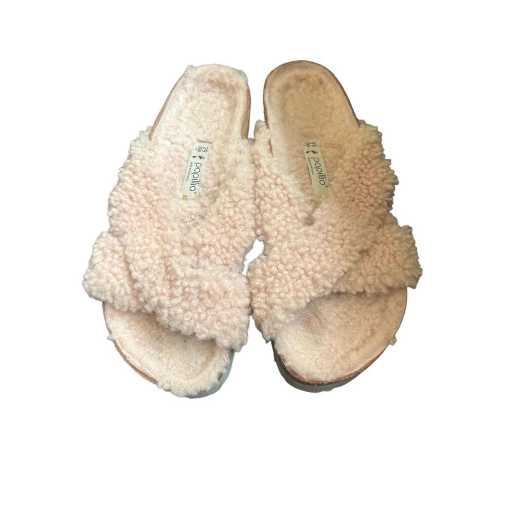 Papillio by Birkenstock fuzzy teddy shearling cross-band slide sandals sz 8